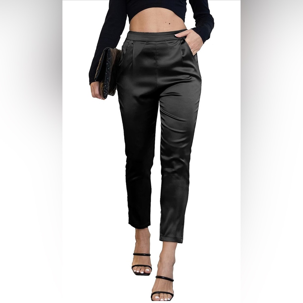 Black Satin Pants- Pleated Pull on High Waist Pants with Pockets